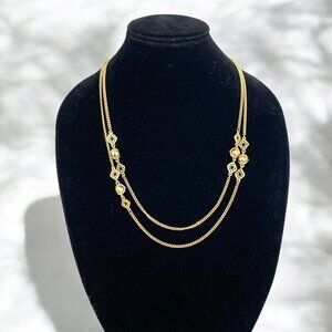 Gold-Tone Layered Necklace With Filigree & Clear Crystal Accents Extra Long 35"L